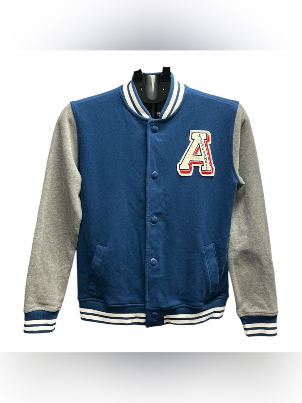 Abercrombie & Fitch Blue and Gray Varsity Jacket with A Patch